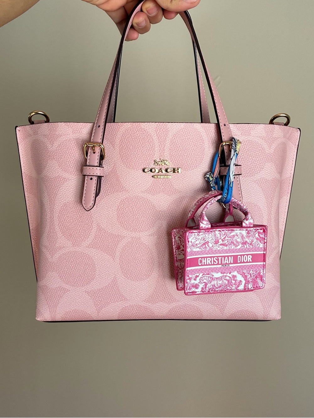 Pink/ White Mini Tote Keychain Bag Charm